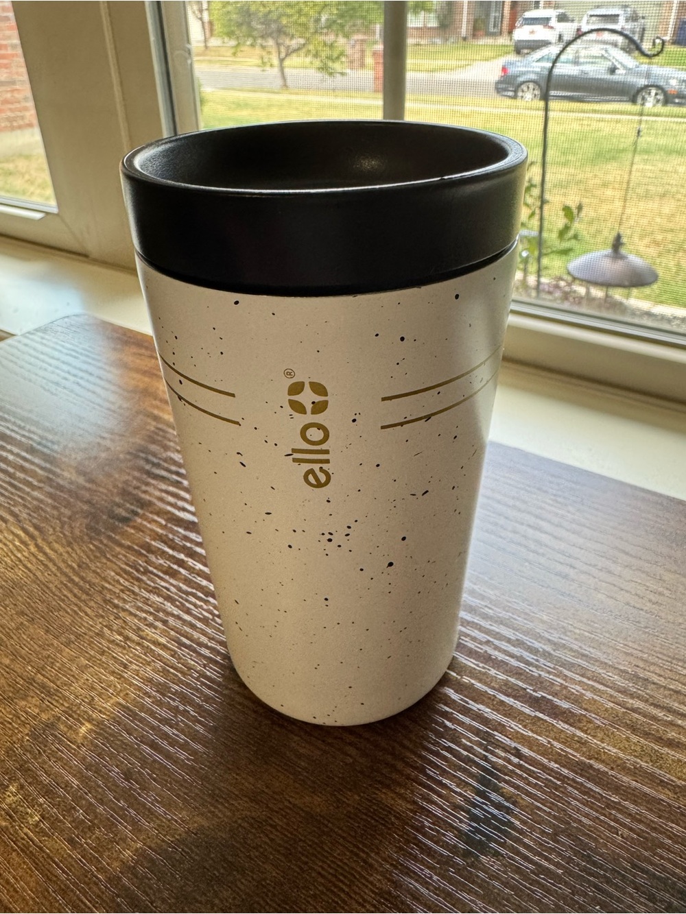 Ello 11oz Ceramic Vacuum Insulated Travel Mug Tumbler Speckled Cream Gold